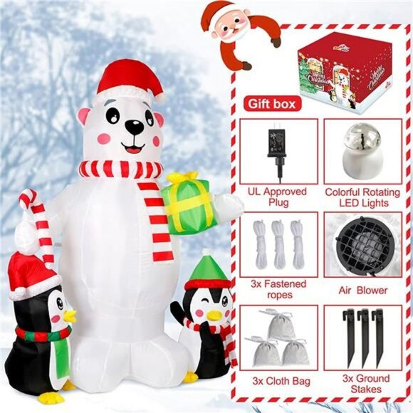 6ft Christmas Inflatables Polar Bear with 2 Penguin, with Rotating LED Lights - Picture 1 of 6